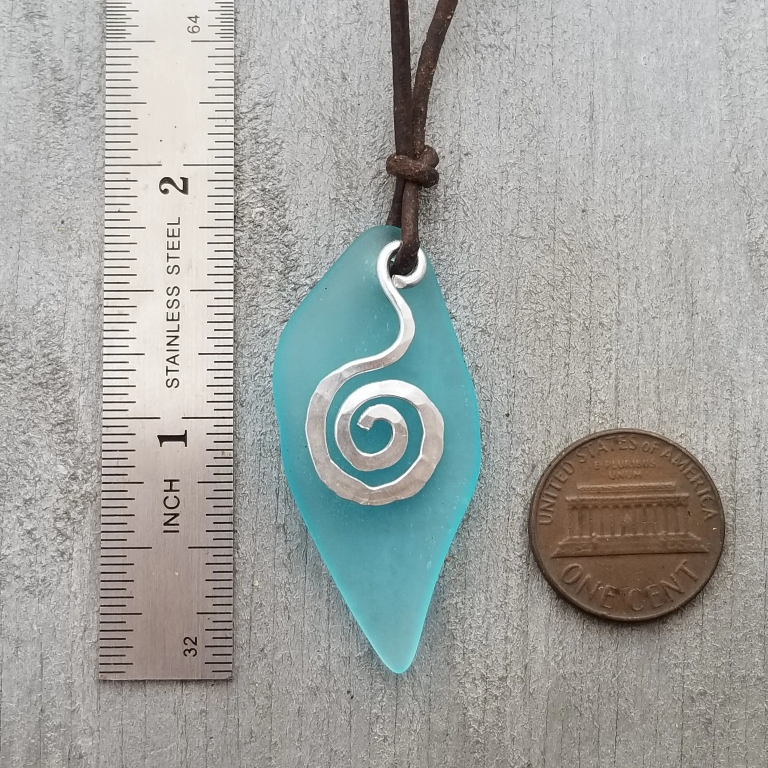 Hawaiian Jewelry Sea Glass Necklace, "Island Breeze" Wire Swirls Leather Cord Necklace Unisex Sea Glass Jewelry (December Birthstone Gift)