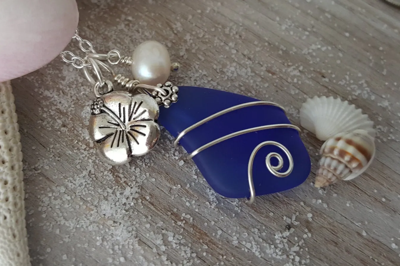Hawaiian Jewelry Sea Glass Necklace, Wire Cobalt Blue Necklace Hibiscus Pearl Necklace, Beach Jewelry Birthday Gift (September Birthstone)