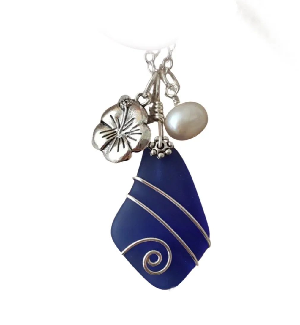Hawaiian Jewelry Sea Glass Necklace, Wire Cobalt Blue Necklace Hibiscus Pearl Necklace, Beach Jewelry Birthday Gift (September Birthstone)