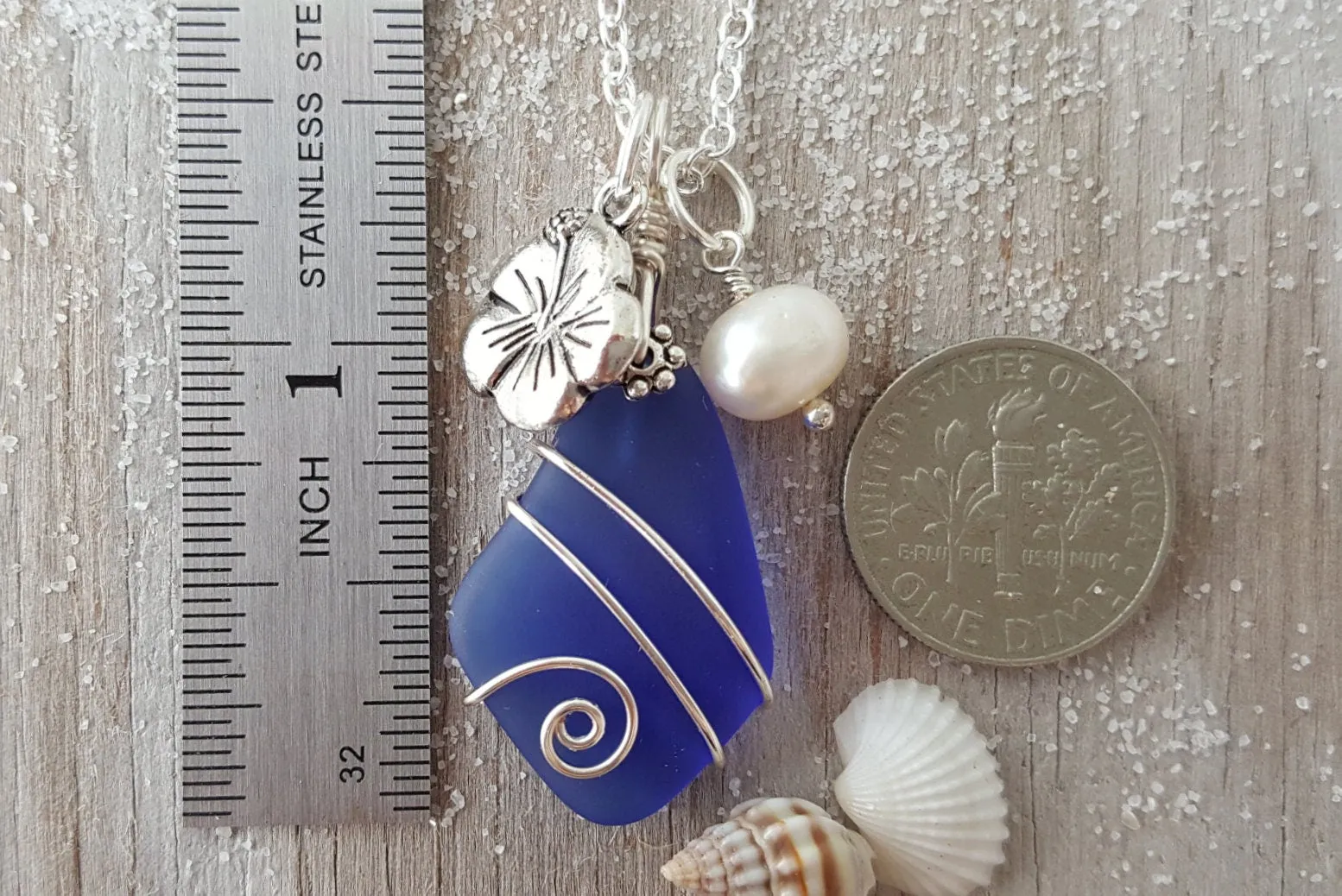 Hawaiian Jewelry Sea Glass Necklace, Wire Cobalt Blue Necklace Hibiscus Pearl Necklace, Beach Jewelry Birthday Gift (September Birthstone)