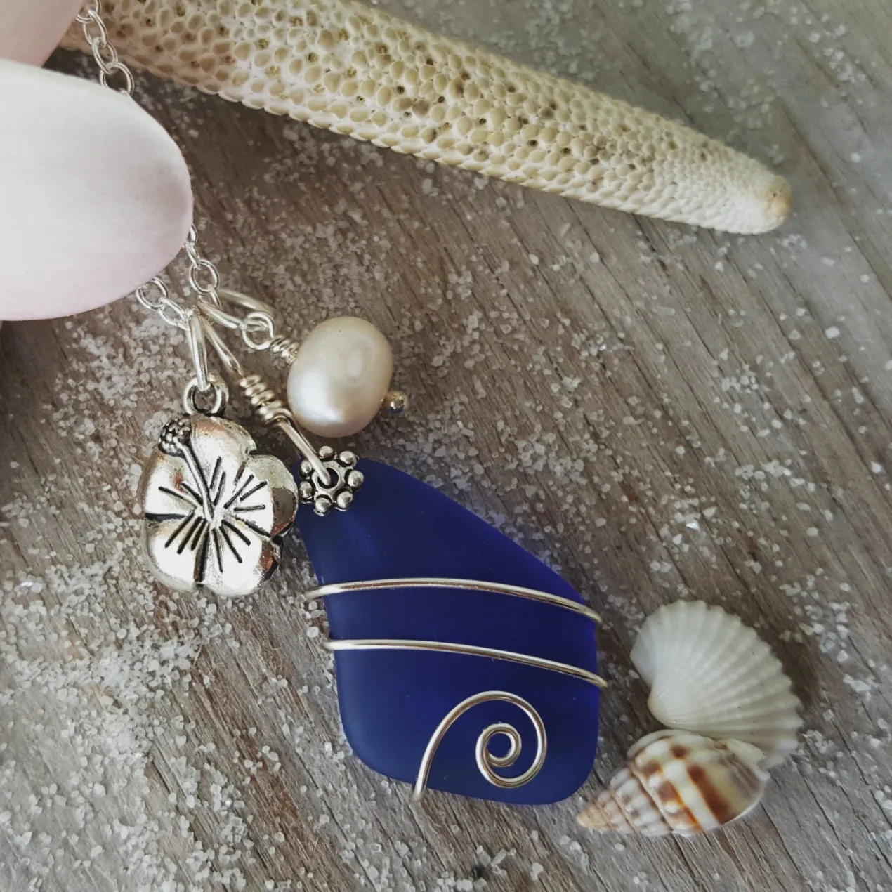 Hawaiian Jewelry Sea Glass Necklace, Wire Cobalt Blue Necklace Hibiscus Pearl Necklace, Beach Jewelry Birthday Gift (September Birthstone)