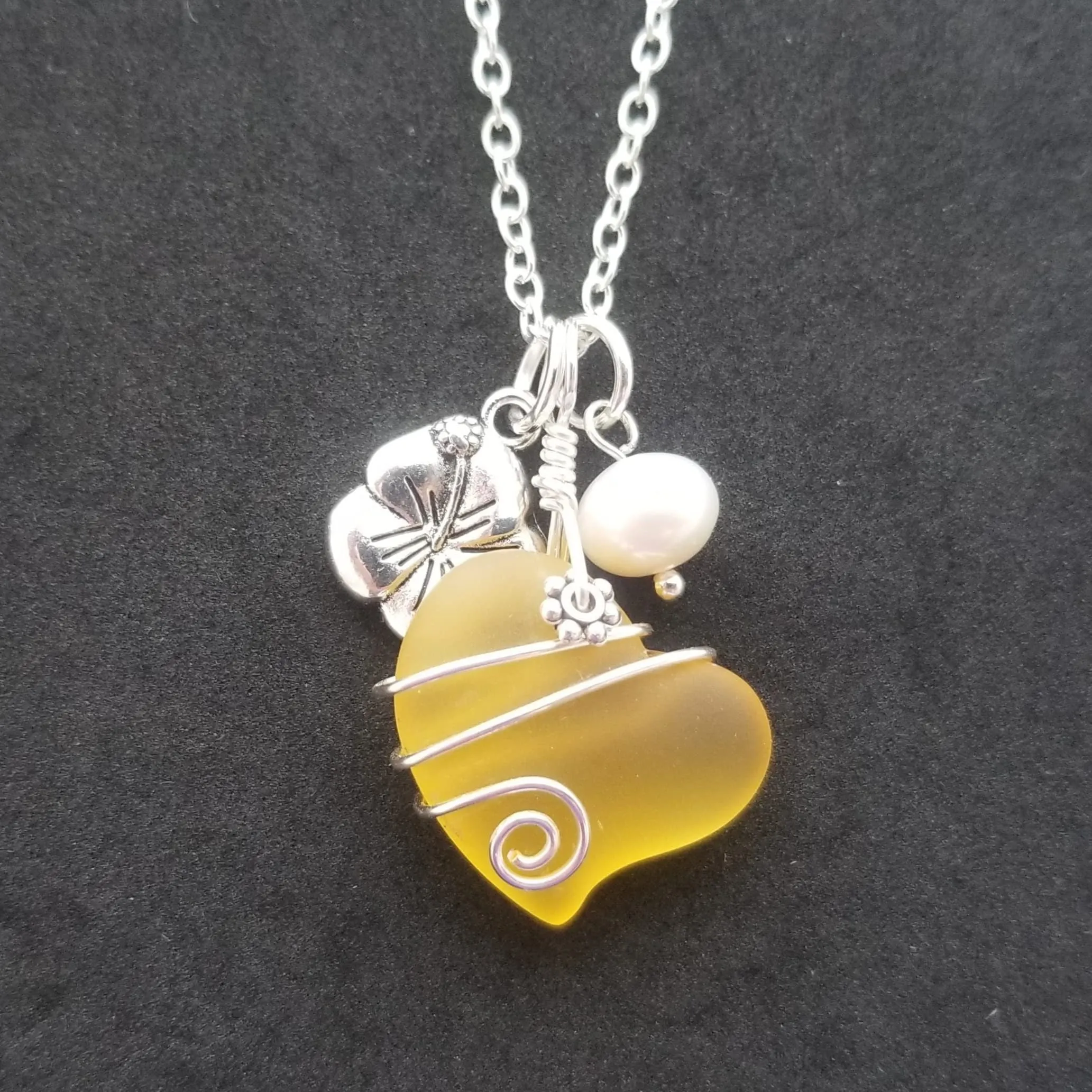 Hawaiian Jewelry Sea Glass Necklace, Wire Heart Necklace Yellow Necklace, Hibiscus Pearl Necklace, Beach Jewelry (November Birthstone)