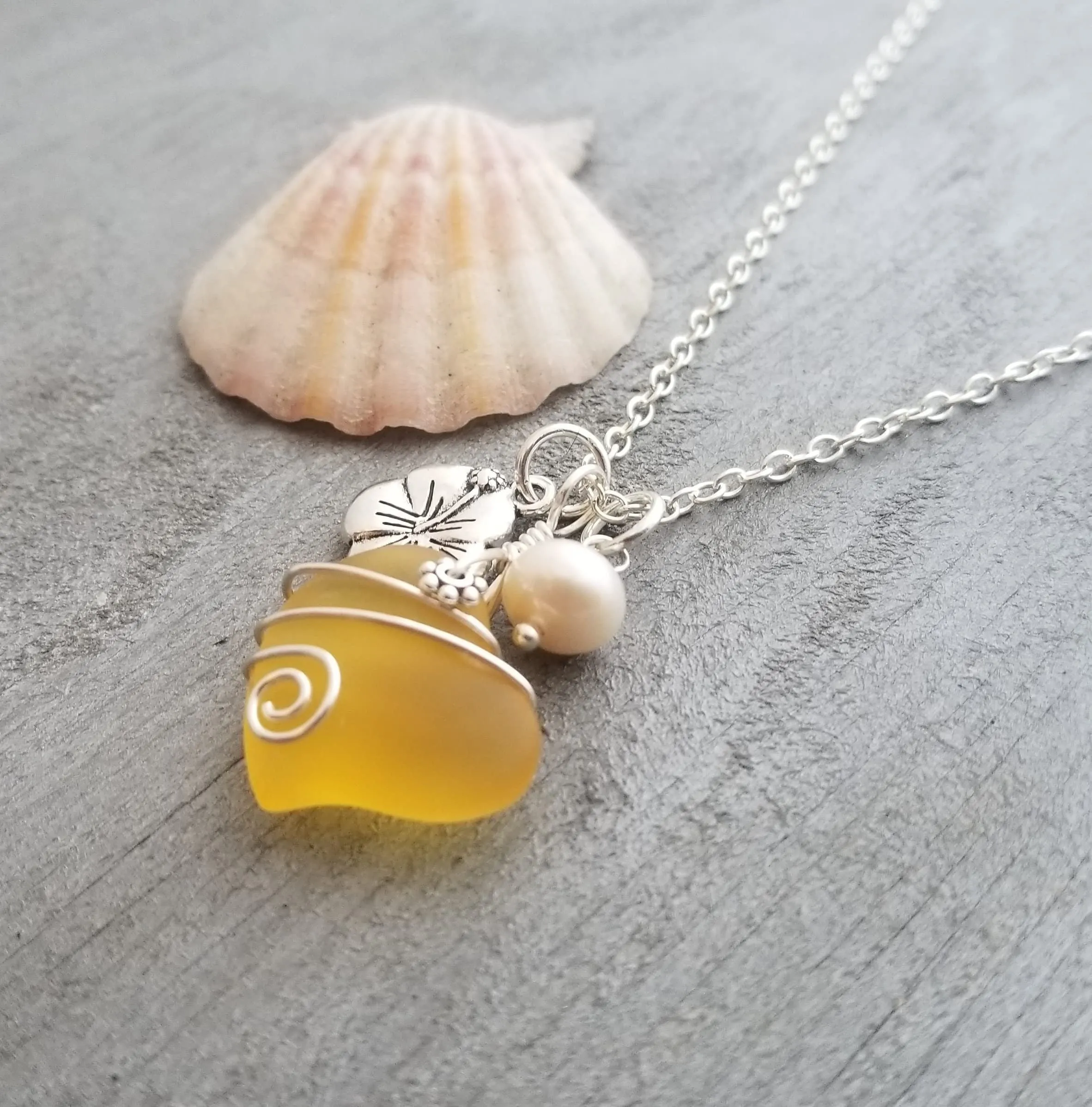 Hawaiian Jewelry Sea Glass Necklace, Wire Heart Necklace Yellow Necklace, Hibiscus Pearl Necklace, Beach Jewelry (November Birthstone)