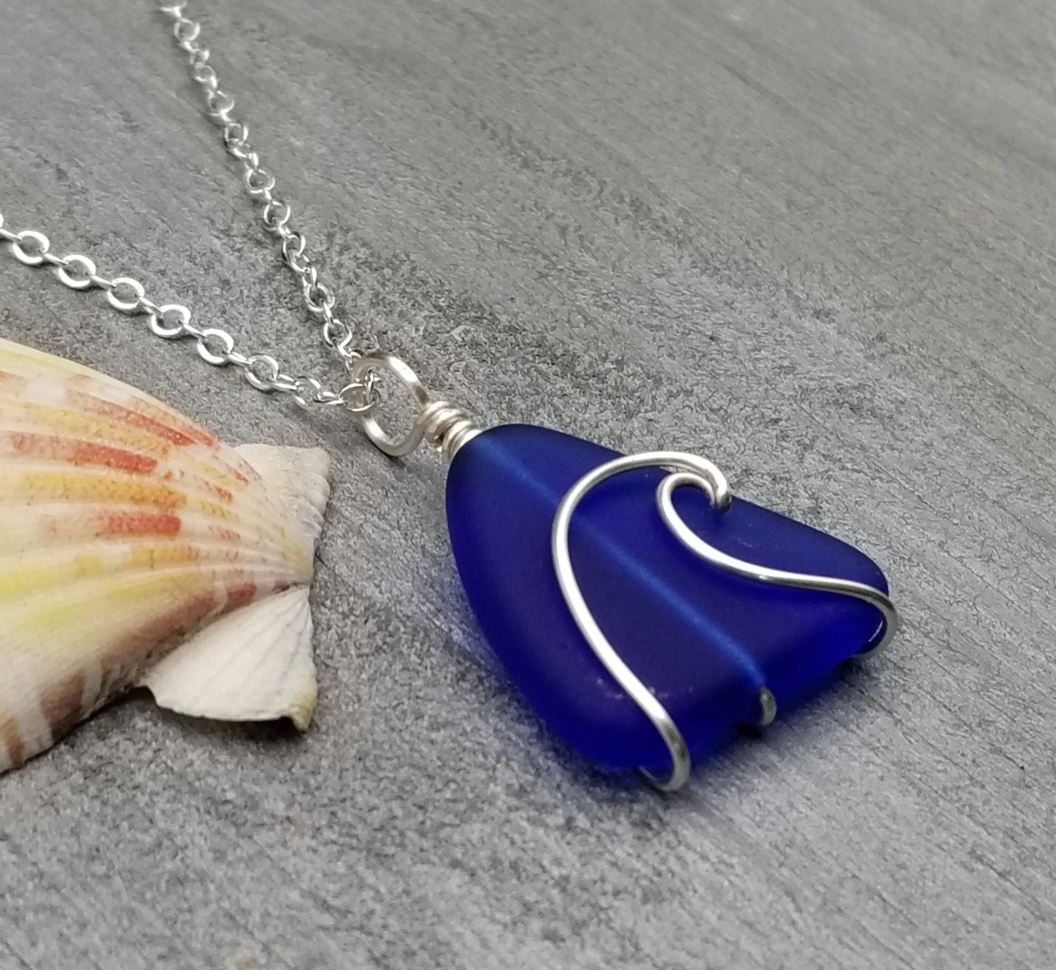 Hawaiian Jewelry Sea Glass Necklace, Wire Wave Cobalt Necklace, Sea Glass Jewelry For Women, Beach Jewelry, (September Birthstone Jewelry)