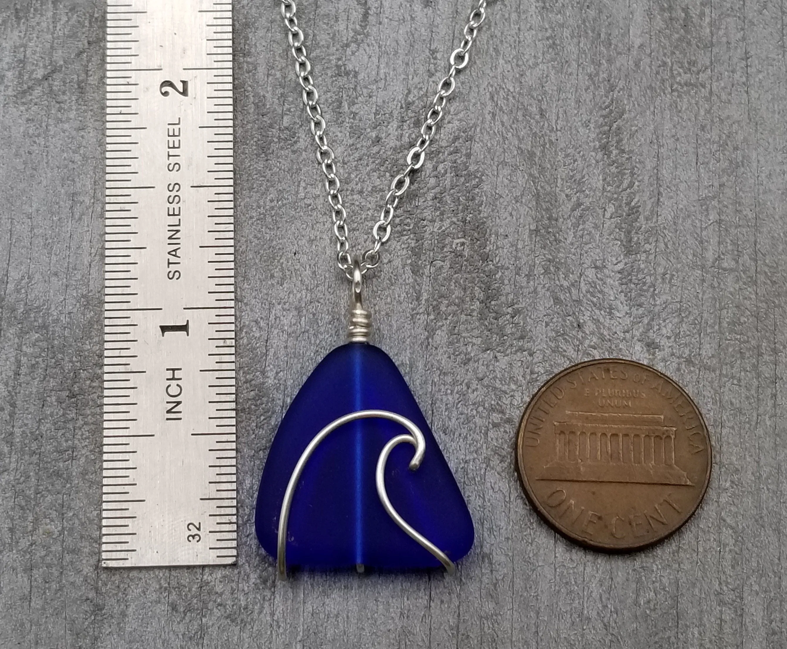 Hawaiian Jewelry Sea Glass Necklace, Wire Wave Cobalt Necklace, Sea Glass Jewelry For Women, Beach Jewelry, (September Birthstone Jewelry)