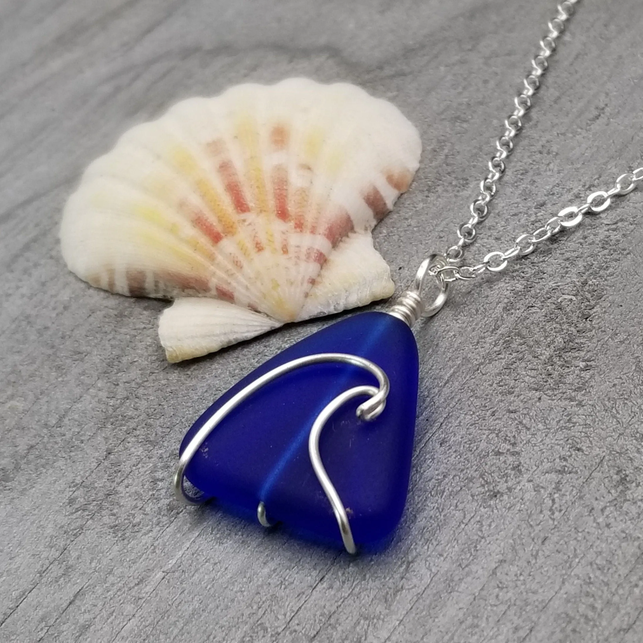 Hawaiian Jewelry Sea Glass Necklace, Wire Wave Cobalt Necklace, Sea Glass Jewelry For Women, Beach Jewelry, (September Birthstone Jewelry)