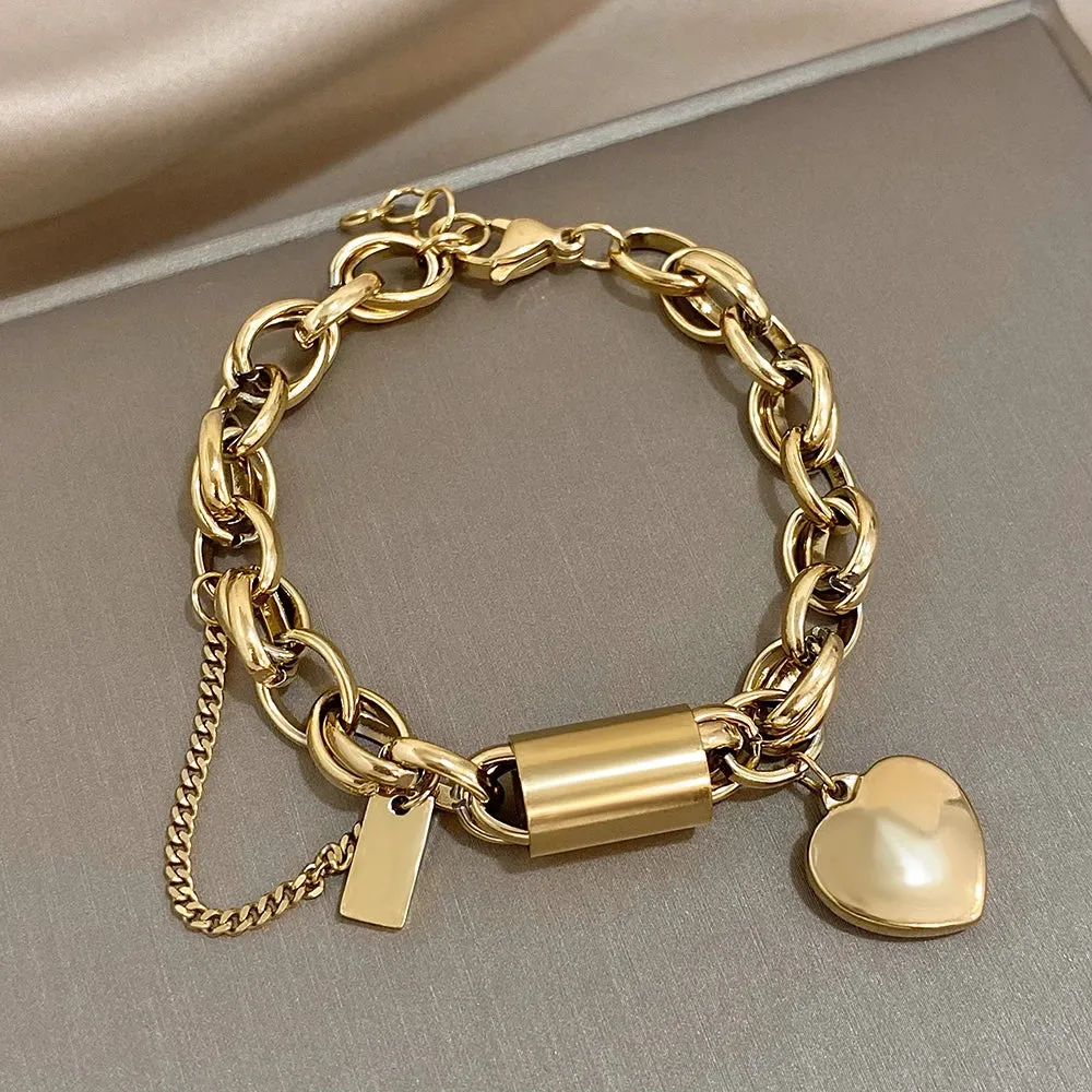 Heart Lock Stainless Steel Charm Bracelet Chunky Gold Plated Chain Love Bracelets Christmas Valentine Gift