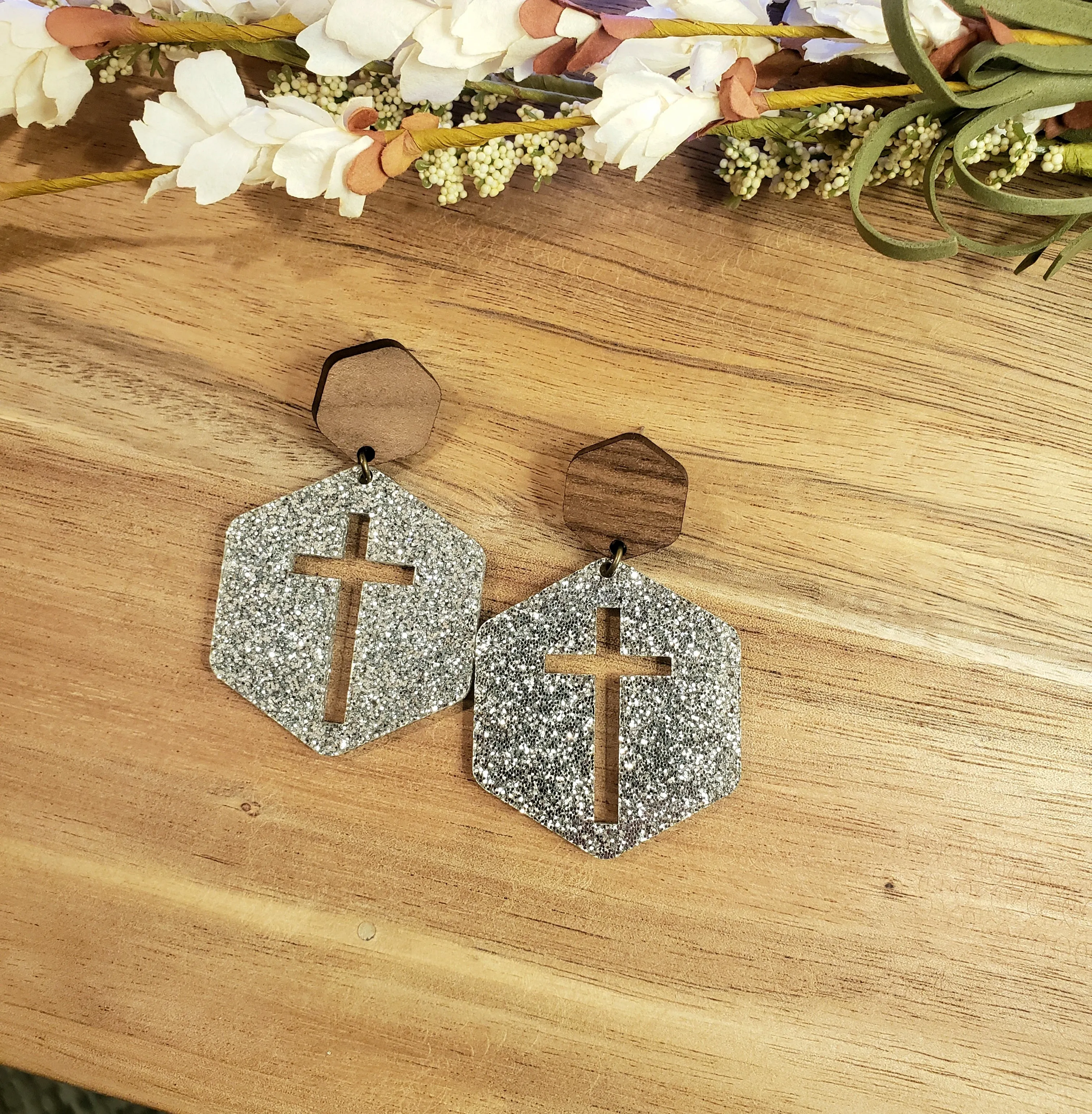 Hexagon Cross Earrings - Silver Glitter