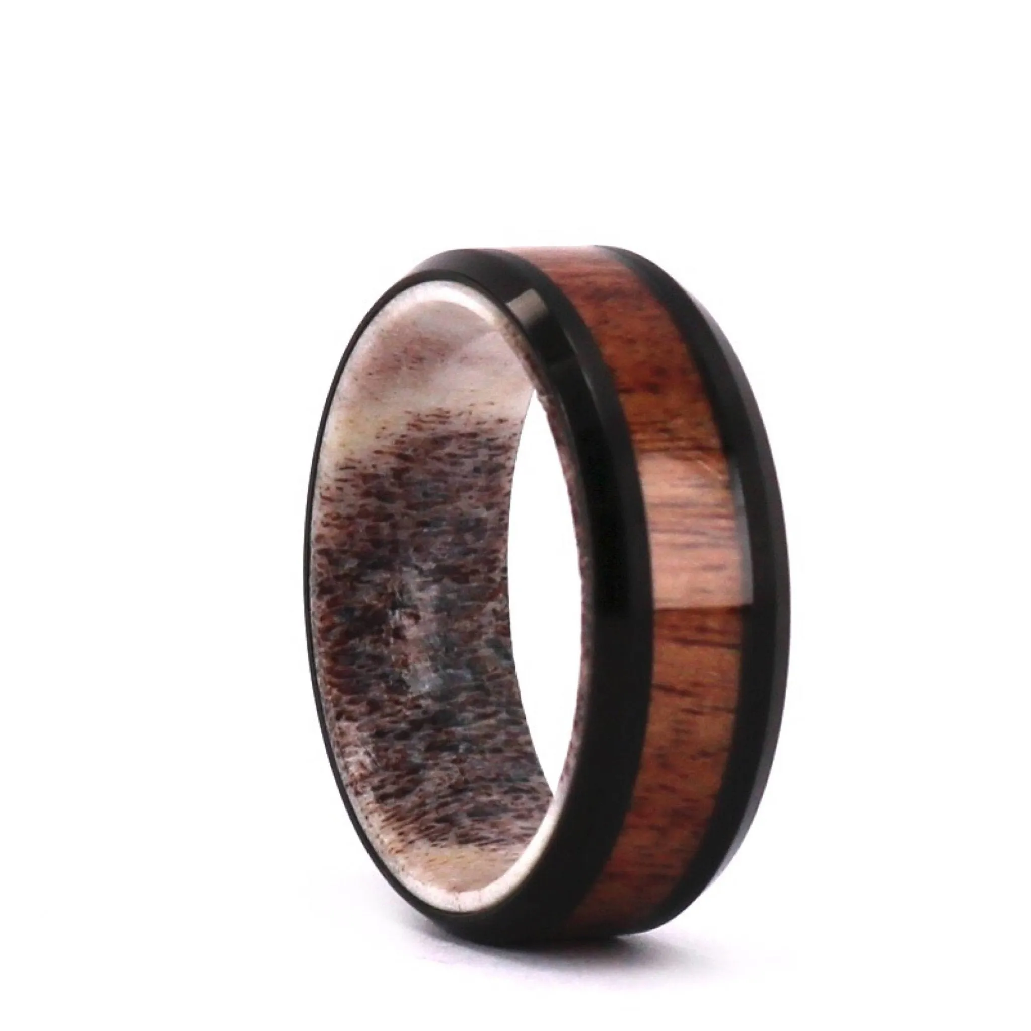 Island Stag - Black Tungsten Exotic Antler & Koa Men's Wedding Band 8MM