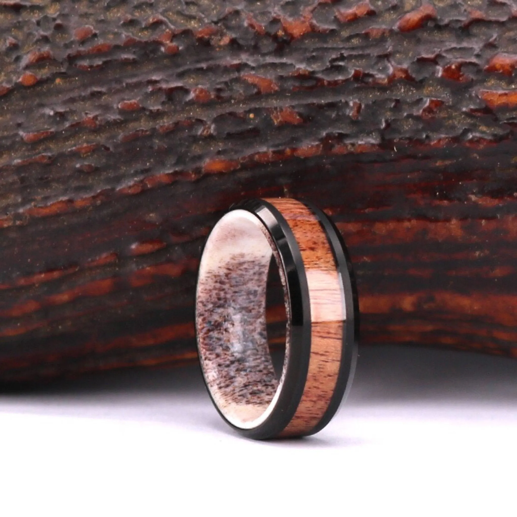 Island Stag - Black Tungsten Exotic Antler & Koa Men's Wedding Band 8MM