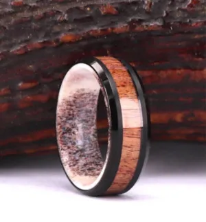 Island Stag - Black Tungsten Exotic Antler & Koa Men's Wedding Band 8MM