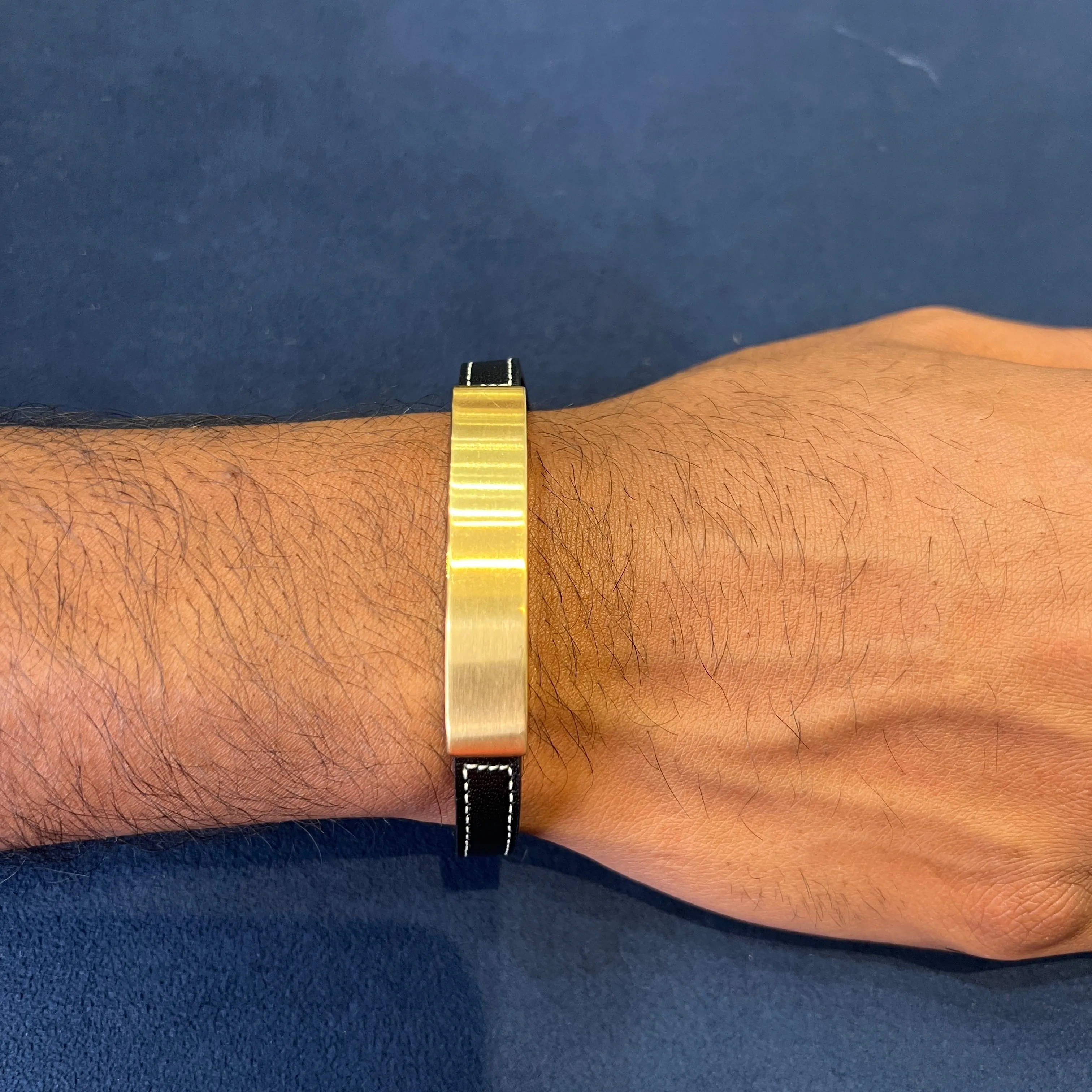 Italgem Black Leather and Stainless Steel Gold Plated ID Plate Bracelet