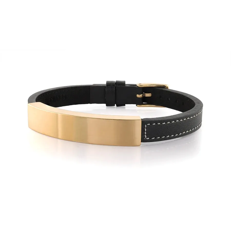 Italgem Black Leather and Stainless Steel Gold Plated ID Plate Bracelet