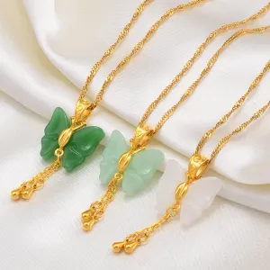JADE  butterfly Necklaces for Women Green White Stone Charms Pendants Jewelry Birthday Wedding Party Accessories #002536