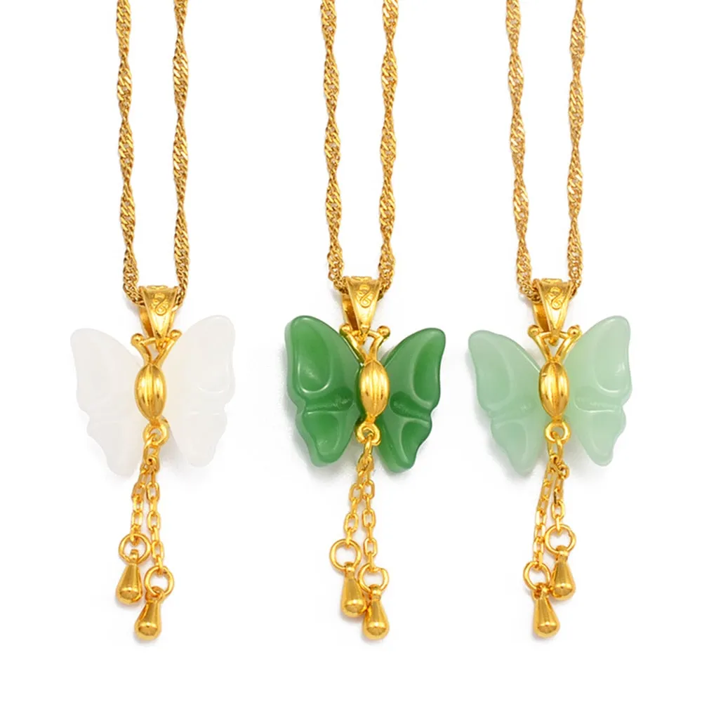 JADE  butterfly Necklaces for Women Green White Stone Charms Pendants Jewelry Birthday Wedding Party Accessories #002536