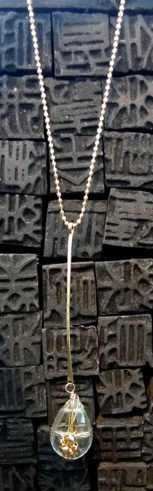 Julieri Necklace in 14K Yellow Gold Chain with Faceted Semi Precious Pear Shaped Stone Wrapped with Gold Wire and Pearls