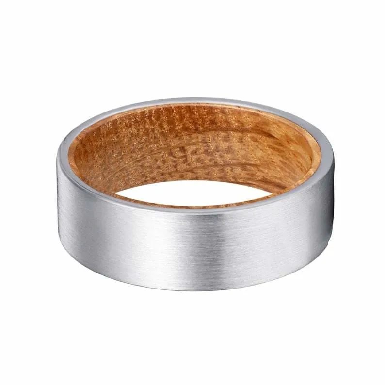 KEEN Men's Flat Tungsten Carbide Ring w/ Whiskey Barrel Wood Sleeve - 8MM