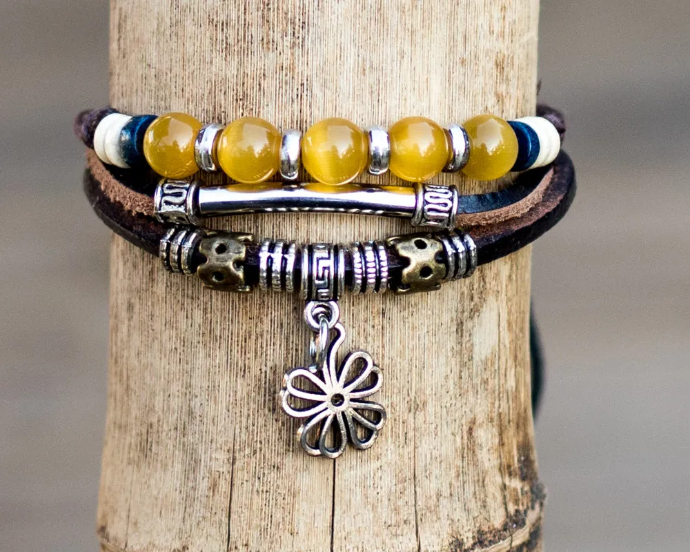leather multistrand bracelet flower charm