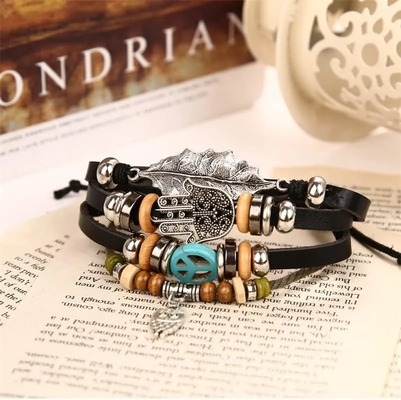 Leather Wrap Bracelet For Men and Women Dangly Owl Draw String Size Adjustable