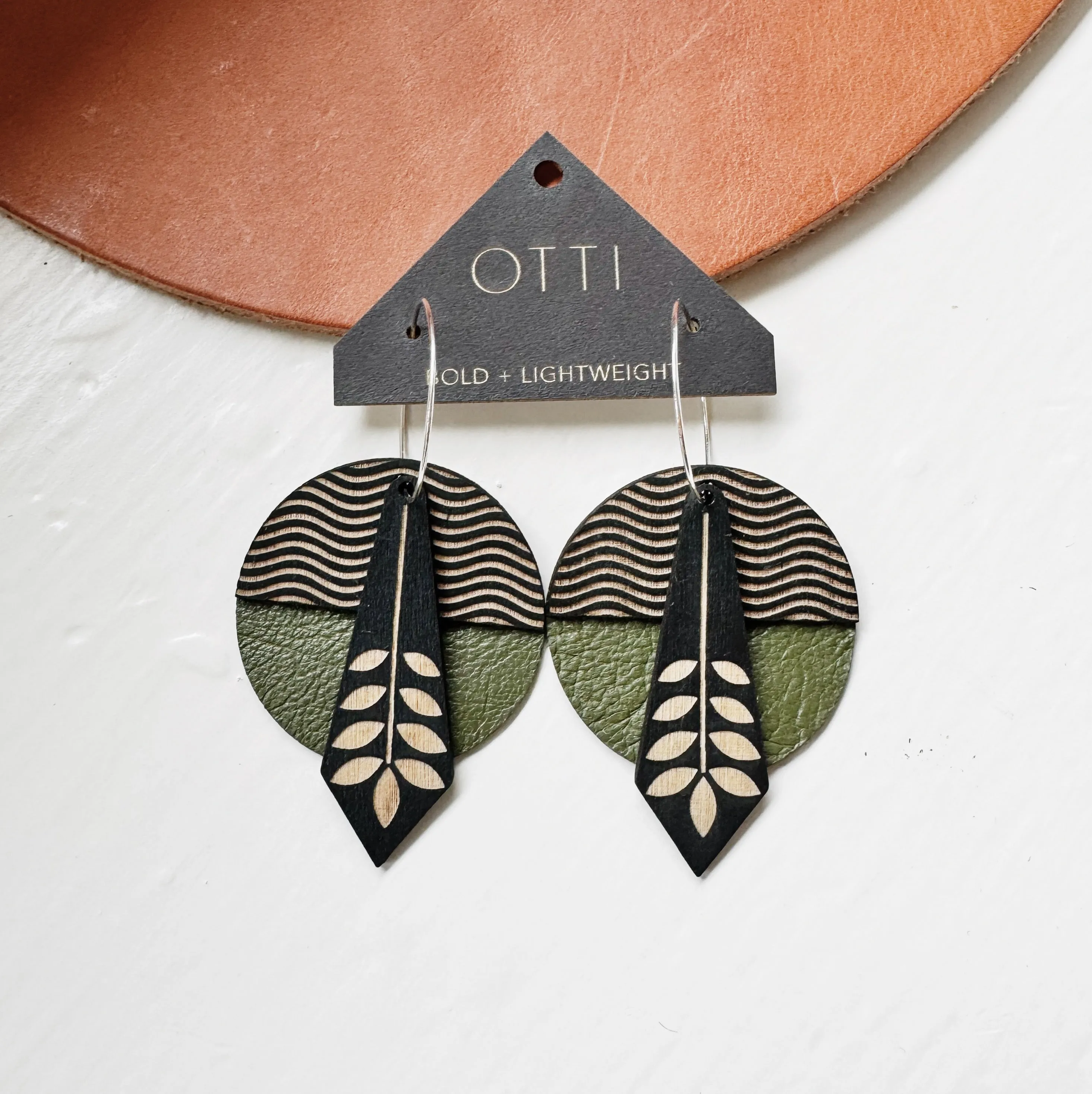 Lightweight leather   birch earrings: Olive Floral Waves design