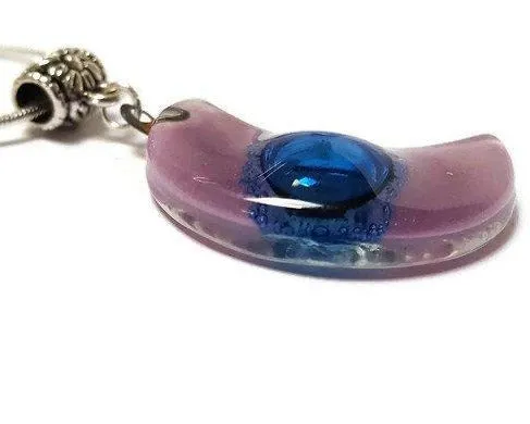 Lilac and Blue Moon shape Recycled Glass pendant. Fused Glass Necklace.