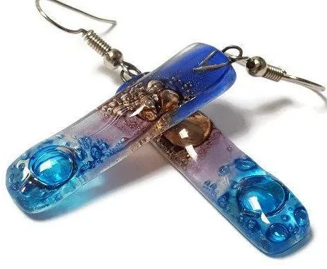 Long Earrings. Blue, turquoise, lilac and  brown Recycled Fused Glass Drop  Earrings .