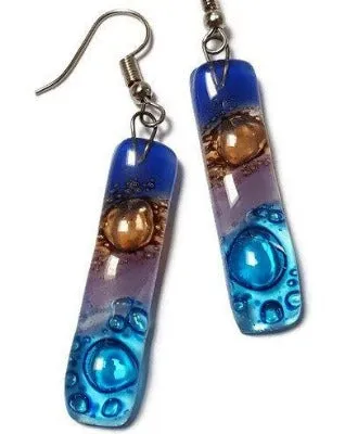 Long Earrings. Blue, turquoise, lilac and  brown Recycled Fused Glass Drop  Earrings .