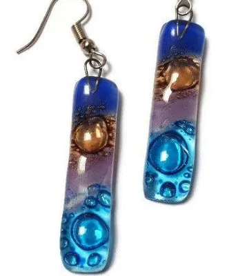 Long Earrings. Blue, turquoise, lilac and  brown Recycled Fused Glass Drop  Earrings .