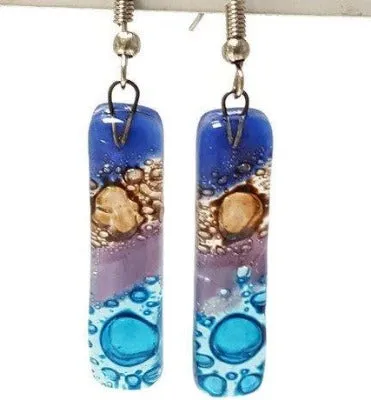 Long Earrings. Blue, turquoise, lilac and  brown Recycled Fused Glass Drop  Earrings .