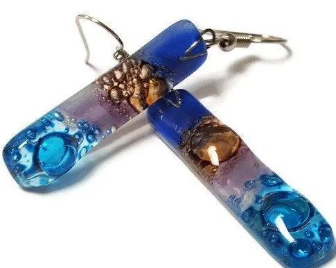 Long Earrings. Blue, turquoise, lilac and  brown Recycled Fused Glass Drop  Earrings .