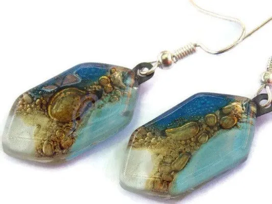 Long hexagon blues and brown fused glass earrings