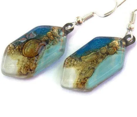 Long hexagon blues and brown fused glass earrings