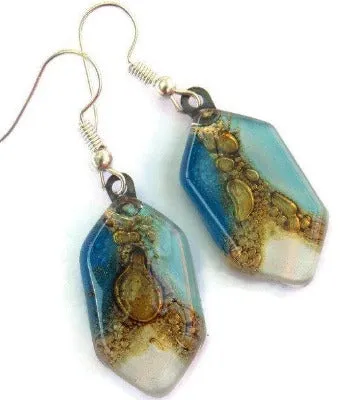 Long hexagon blues and brown fused glass earrings