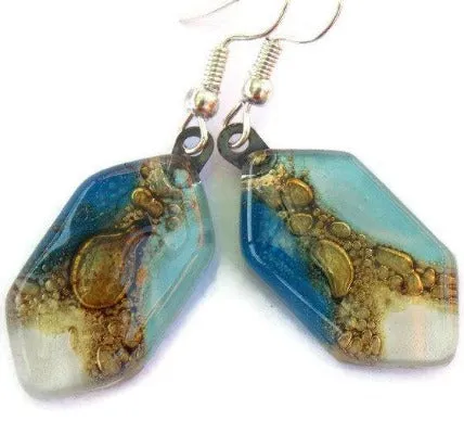 Long hexagon blues and brown fused glass earrings