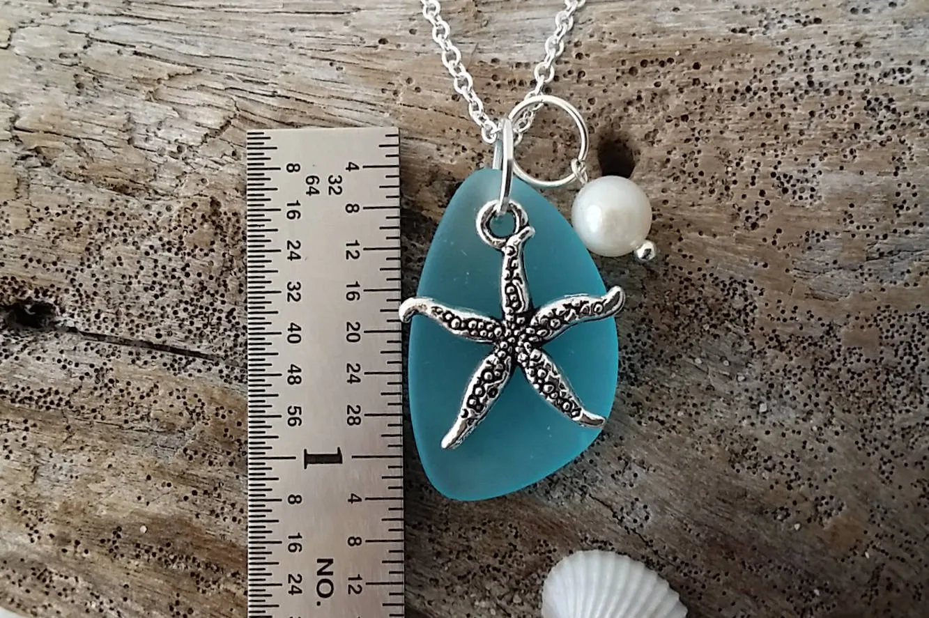 Made in Hawaii, Blue sea glass necklace, Starfish  charm, Fresh water pearl,     gift box, Hawaii beach jewelry gift