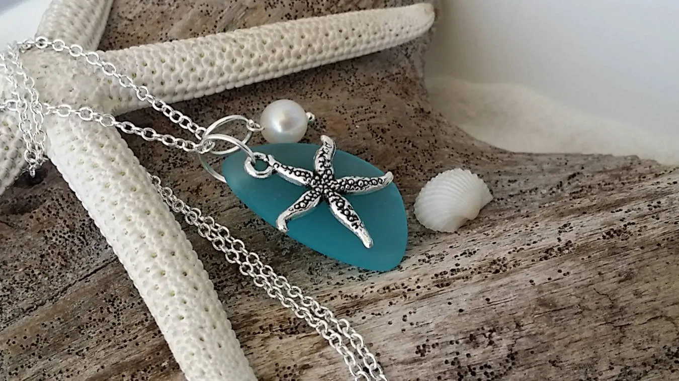 Made in Hawaii, Blue sea glass necklace, Starfish  charm, Fresh water pearl,     gift box, Hawaii beach jewelry gift