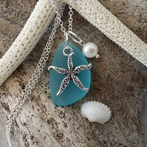 Made in Hawaii, Blue sea glass necklace, Starfish  charm, Fresh water pearl,     gift box, Hawaii beach jewelry gift
