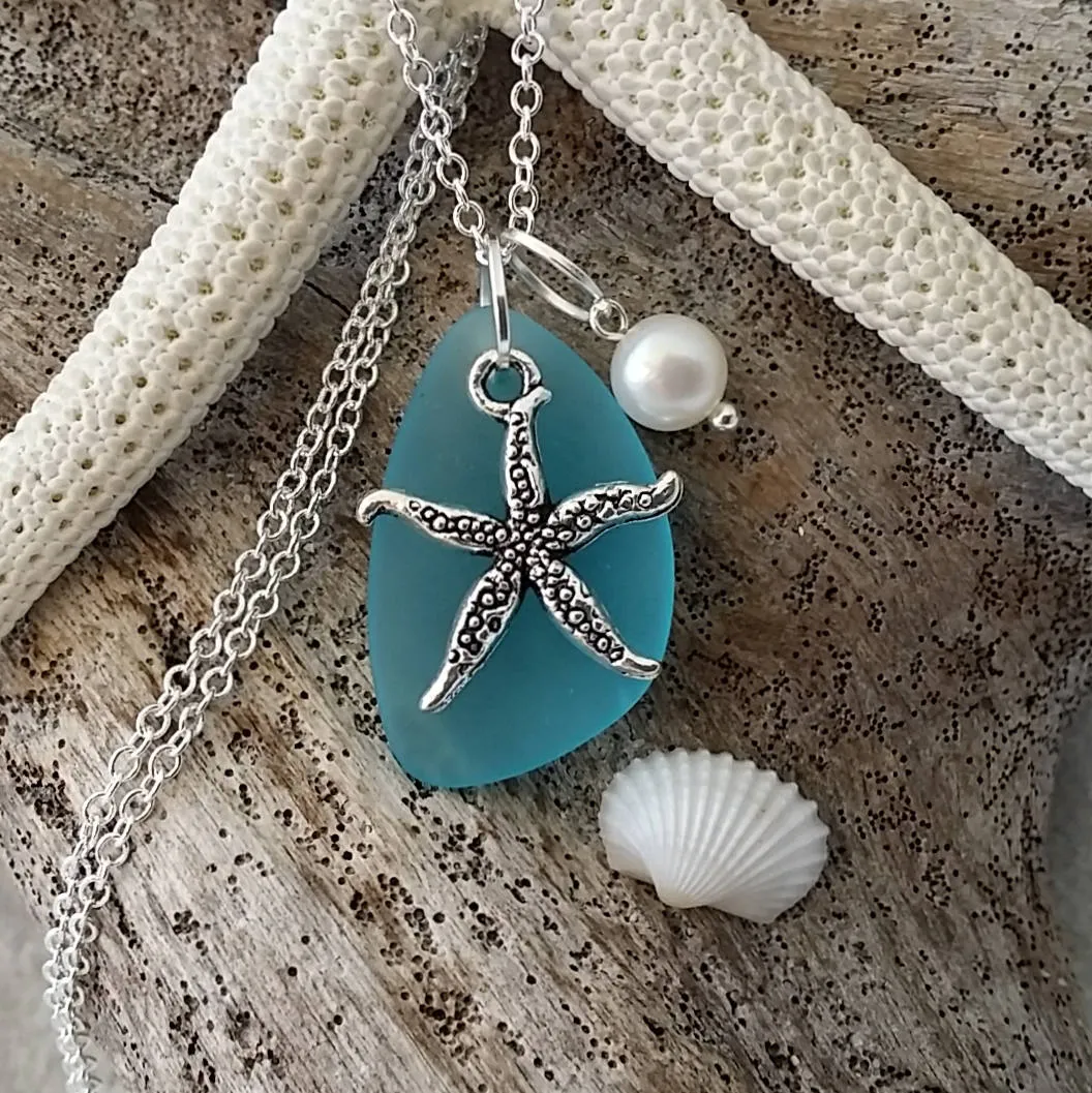 Made in Hawaii, Blue sea glass necklace, Starfish  charm, Fresh water pearl,     gift box, Hawaii beach jewelry gift