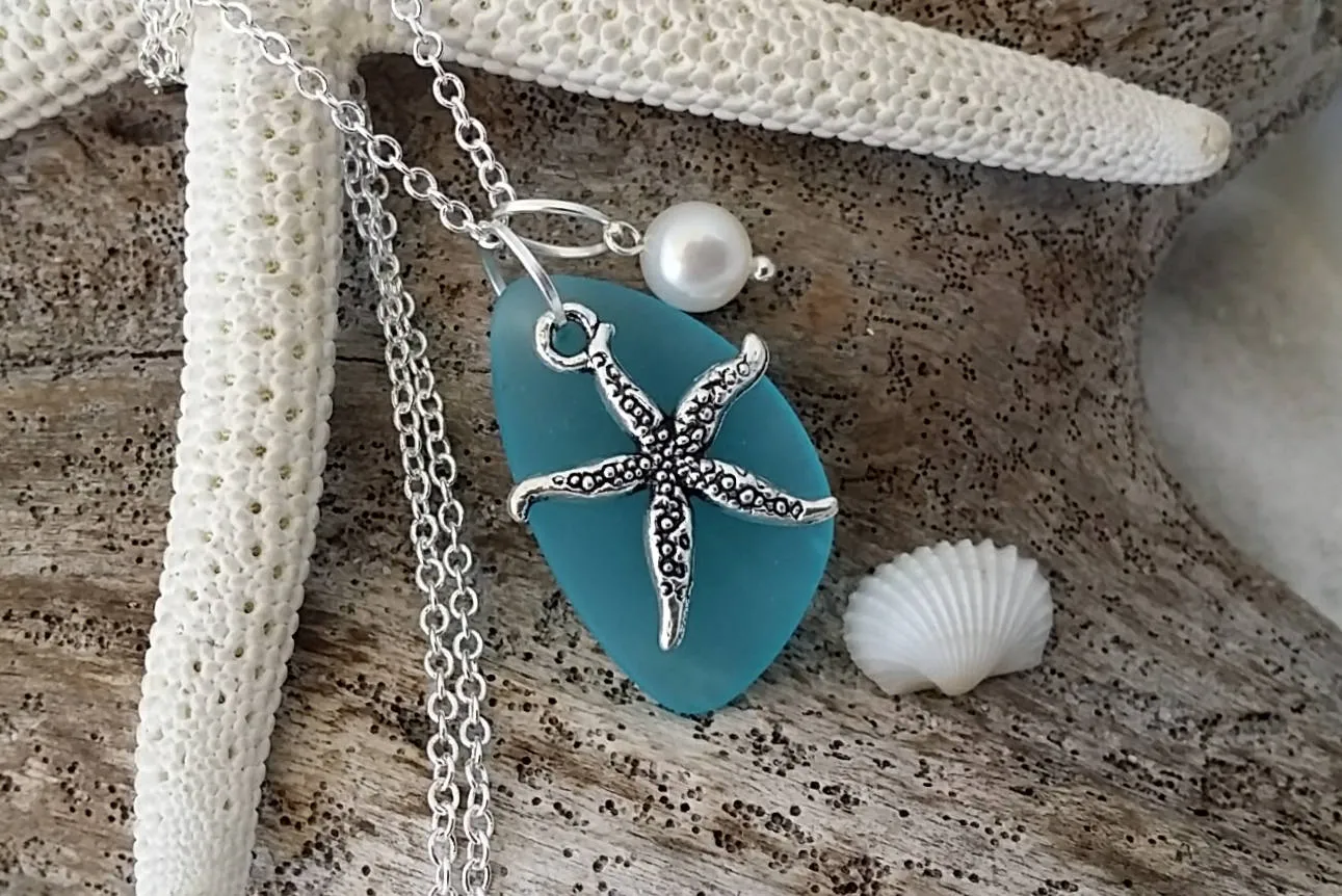 Made in Hawaii, Blue sea glass necklace, Starfish  charm, Fresh water pearl,     gift box, Hawaii beach jewelry gift