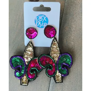 Mardi Gras Sequin Fleur De Lis Drop Earrings.