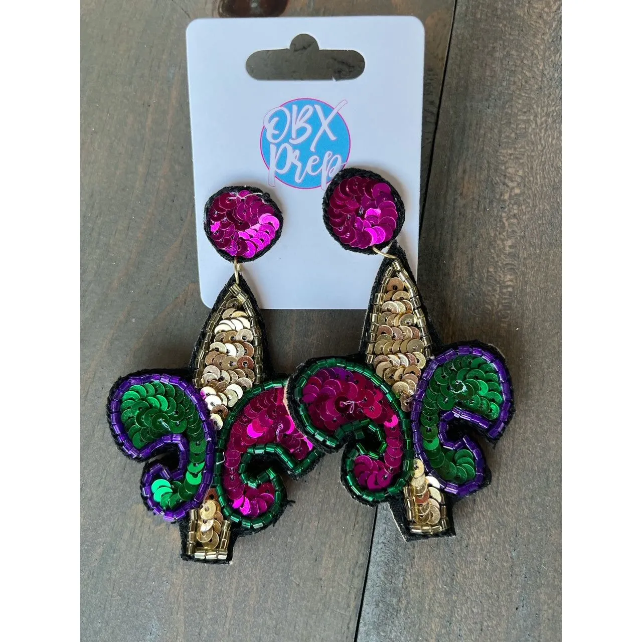Mardi Gras Sequin Fleur De Lis Drop Earrings.