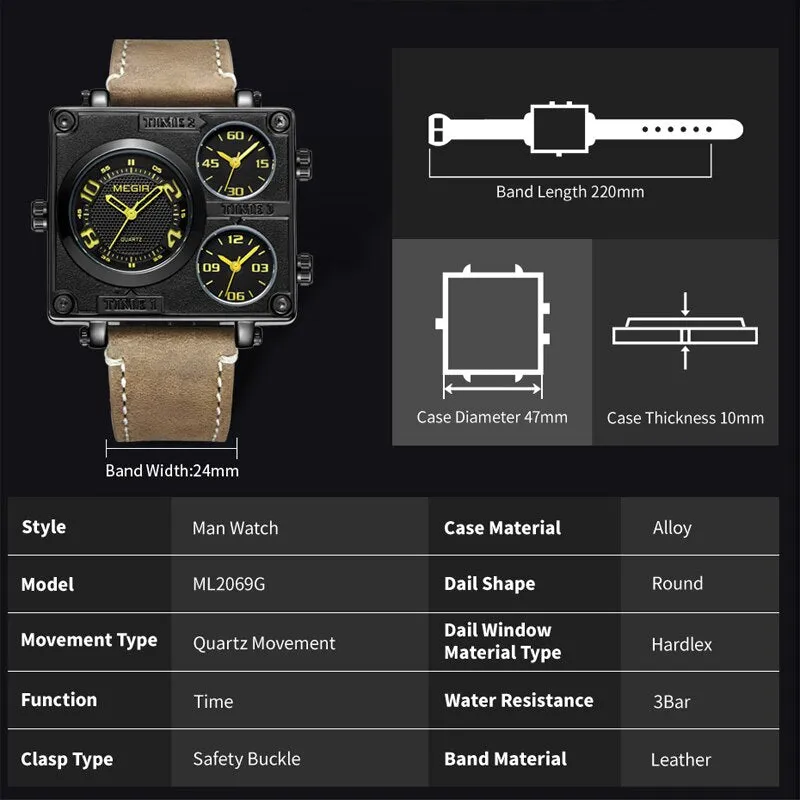 MEGIR Brand Men Sports Quartz Watches with Multiple Time Zone Watch Men Military Big Dial Waterproof Wristwatch Erkek Kol Saati