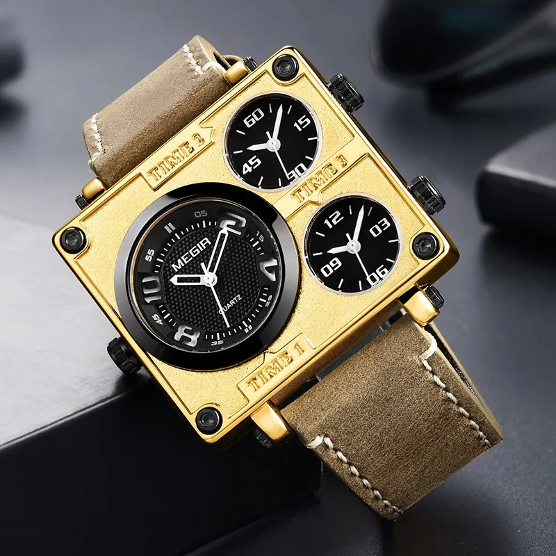 MEGIR Brand Men Sports Quartz Watches with Multiple Time Zone Watch Men Military Big Dial Waterproof Wristwatch Erkek Kol Saati