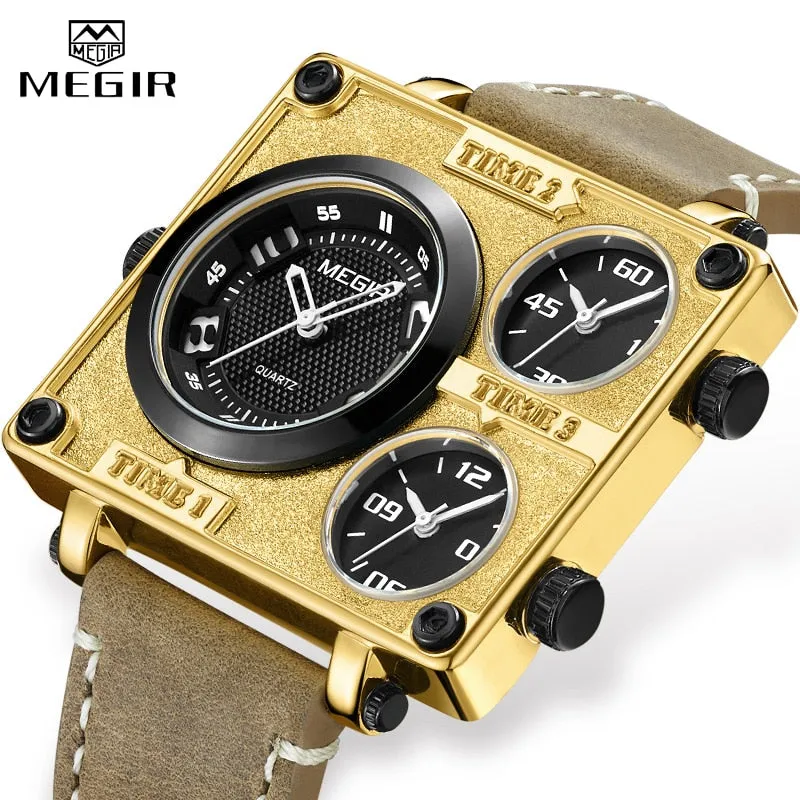 MEGIR Brand Men Sports Quartz Watches with Multiple Time Zone Watch Men Military Big Dial Waterproof Wristwatch Erkek Kol Saati