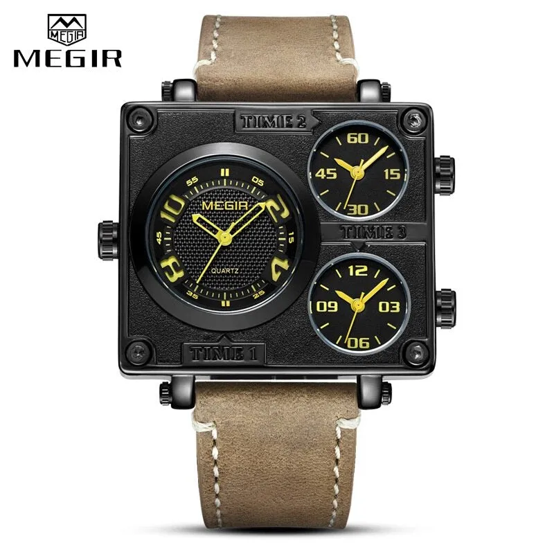 MEGIR Brand Men Sports Quartz Watches with Multiple Time Zone Watch Men Military Big Dial Waterproof Wristwatch Erkek Kol Saati