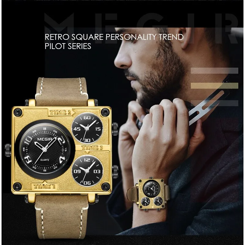 MEGIR Brand Men Sports Quartz Watches with Multiple Time Zone Watch Men Military Big Dial Waterproof Wristwatch Erkek Kol Saati