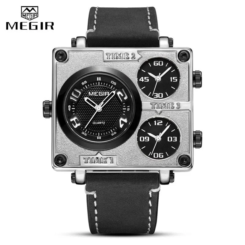 MEGIR Brand Men Sports Quartz Watches with Multiple Time Zone Watch Men Military Big Dial Waterproof Wristwatch Erkek Kol Saati