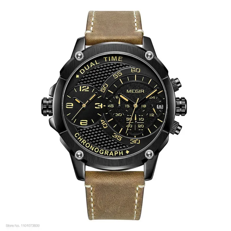 MEGIR Men's Double Time Zone Chronograph Quartz Watches Waterproof Lumious Leather Band Army Sports Wristwatch for Man 2093G-BK