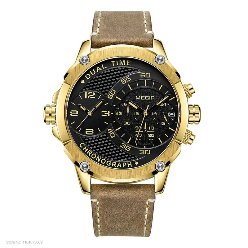MEGIR Men's Double Time Zone Chronograph Quartz Watches Waterproof Lumious Leather Band Army Sports Wristwatch for Man 2093G-BK