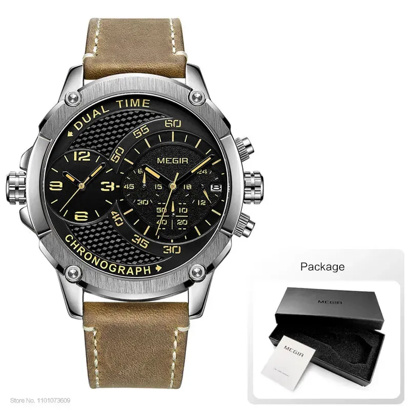 MEGIR Men's Double Time Zone Chronograph Quartz Watches Waterproof Lumious Leather Band Army Sports Wristwatch for Man 2093G-BK